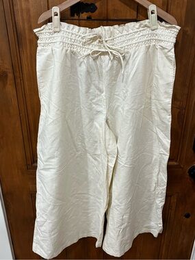 Anthropologie Linen Blend Smocked Drawstring Wide Leg Pants Cream Large Coastal